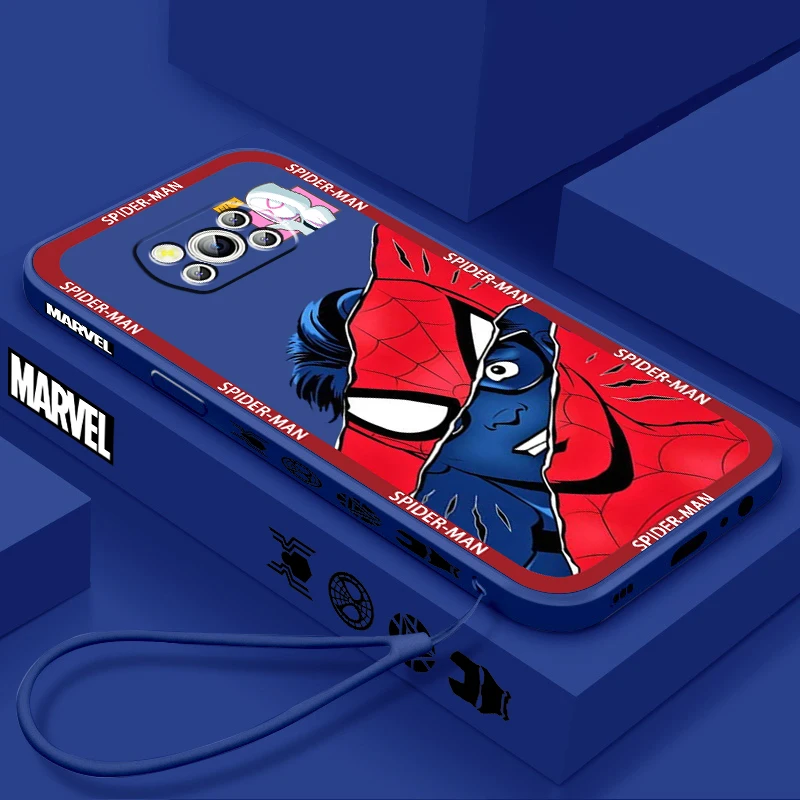 Marvel Super Spiderman Hero Liquid Left Rope For Xiaomi Mi Poco X6 X5 X4 X3 M6 M5 M5S M4 M3 F5 F4 F3 Pro 5G Back Phone Case