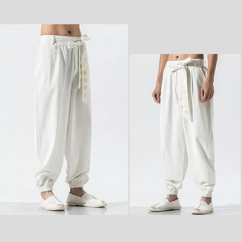 

Elasticized Waist Casual Bottoms Chinese Style Embroidered Men's Harem Pants with Elastic Waist Belt Loose Pleated Ankle-banded