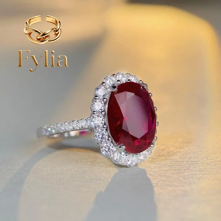 

Fylia Jewelry Luxury Solid Platinum PT950 Women's Moissanite Diamond Ring Full Diamond Pigeon Egg Red Diamond Ring