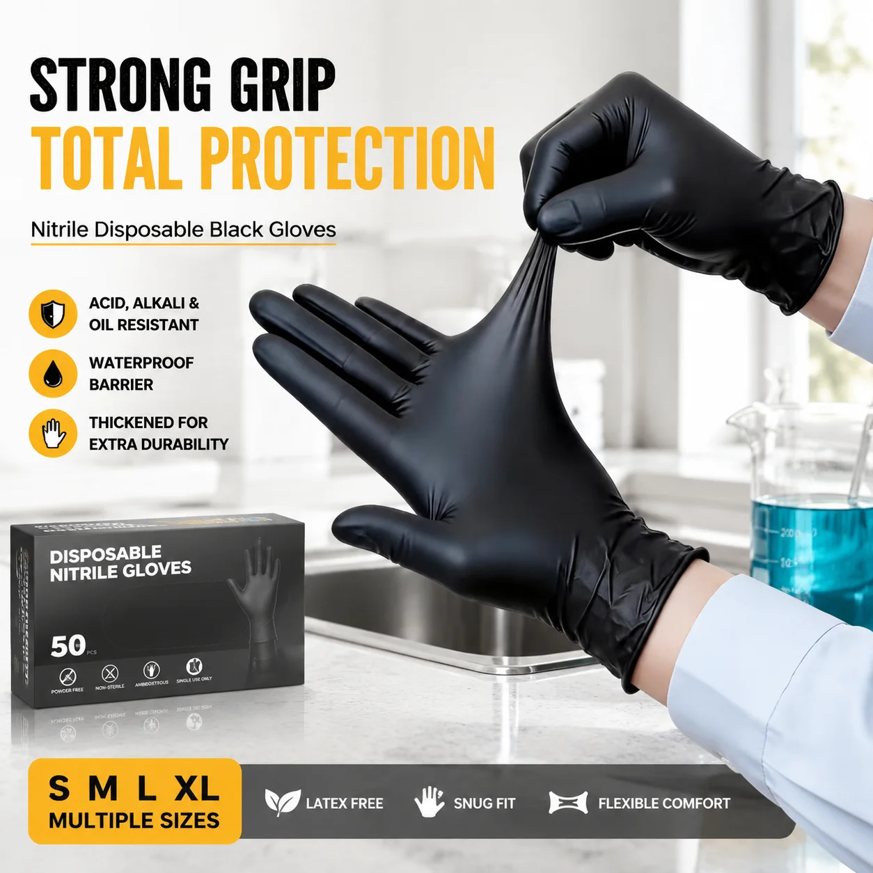 Nitrile Disposable Black Gloves, Thickened, Flexible, Snug Fit, Multiple Sizes, Acid Alkali & Oil Resistant, Waterproof, Latex