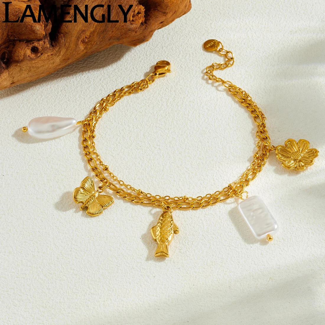 LAMENGLY 316L Stainless Steel Classic Pearl Butterfly Fish Flower Charm Bracelet Women Novel Trend Waterproof Jewelry Party Gift