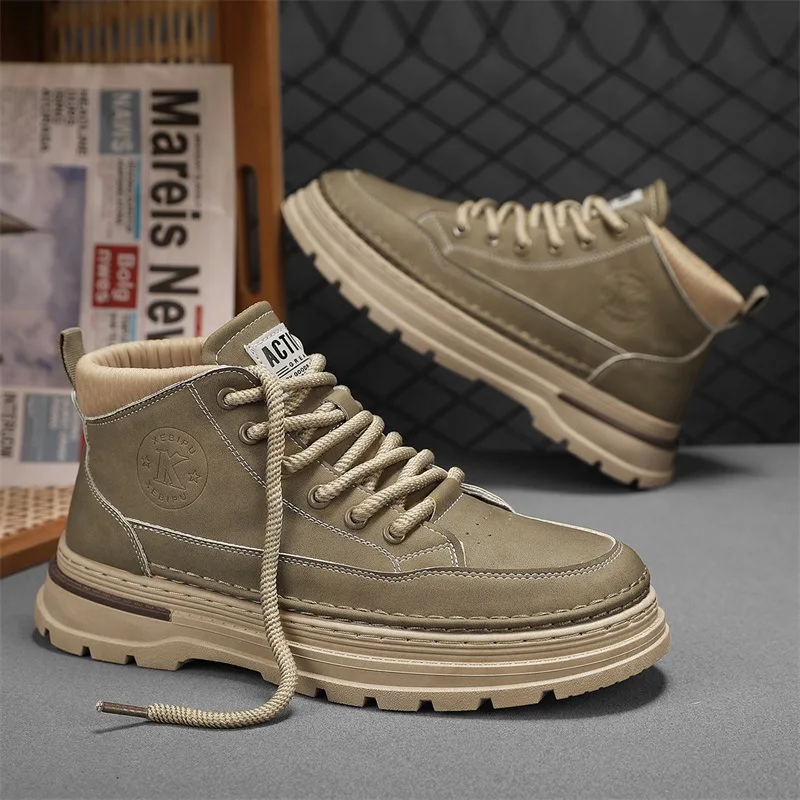 New Men\'s Boots Fashion High Top Casual Sports Shoes Leather Non-slip Work Boots For Men Lace-up Platform Boot Botas Para Hombre