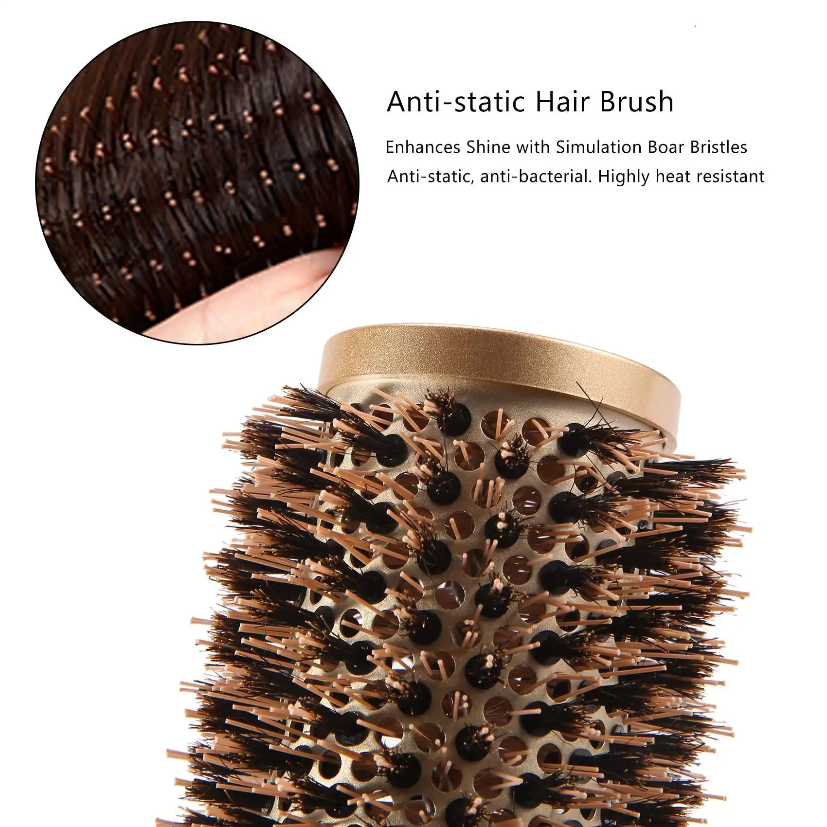 Cepillo de pelo de barril redondo con cerdas de jabalí de simulación, para secar el cabello, estilizar, rizar, dorado (2,1 pulgadas)