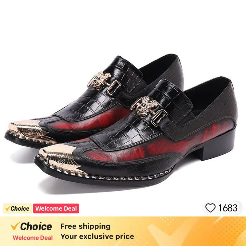 Snake pattern Square Toe Men's Shoes Slip on Genuine Leather Dress Men Party Business  Wedding Shoes men