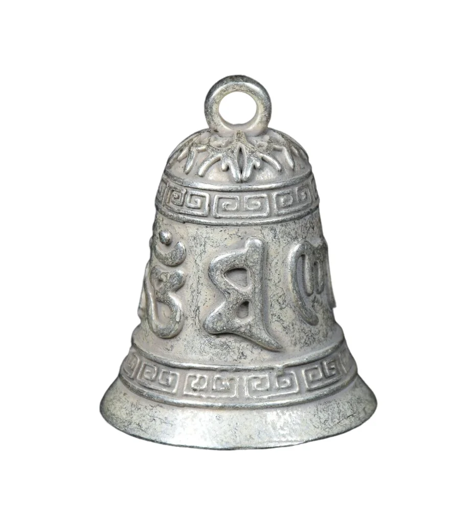 3.5CM Old China Miao Silver Feng Shui Om mani padme hum Bell Zhong Pendant