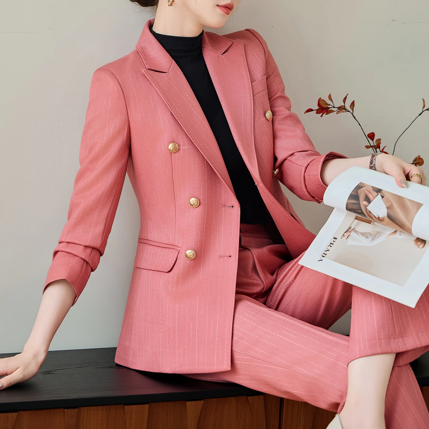 NAVIU مكتب السيدات بدلة طويلة الأكمام مجموعة بسيطة المشارب الراقية مزاجه مزدوجة الصدر ضئيلة السترة والسراويل ملابس العمل