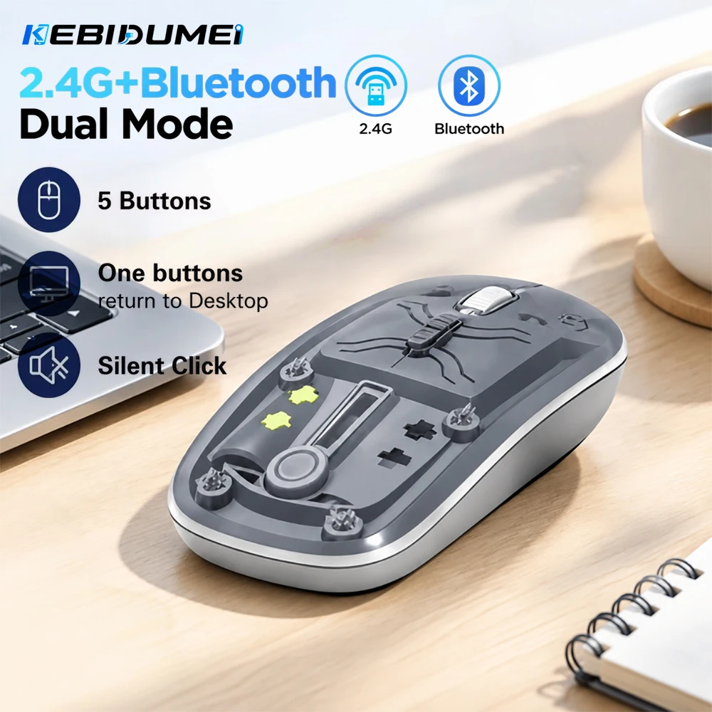 KEBIDUMEI Transparent Mouse Dual Mode Bluetooth 2.4G Wireless Mouse with One‑Click Return Desktop Rechargeable Mice for Laptop