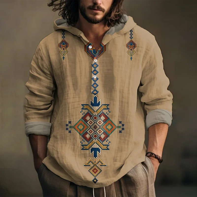 

Men's Shirt Spring and Autumn Linen Fashion Casual Bamboo Hawaiian Style Printed Shirt Men's Top Long Sleeve Hooded Pullover