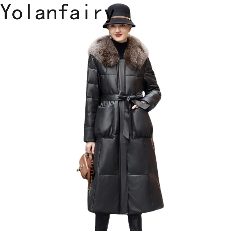 

Genuine Leather Down Coat Women Elegant Mid Long 2023 Winter New Outwears Loose Fox Fur Collar Natural Sheepskin Puffer Jacket F