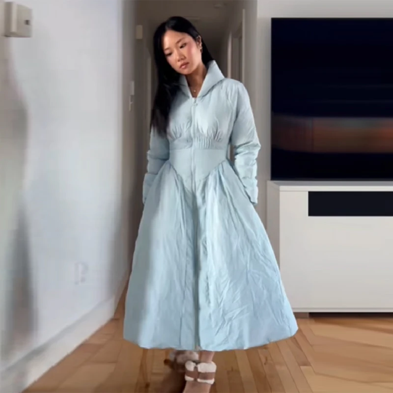 

Элегантная уютная хлопковая куртка, шикарное платье-пуховик трапециевидной формы с капюшоном и завязкой на талии, осень-зима, стильная винтажная вечерние женская уличная одежда