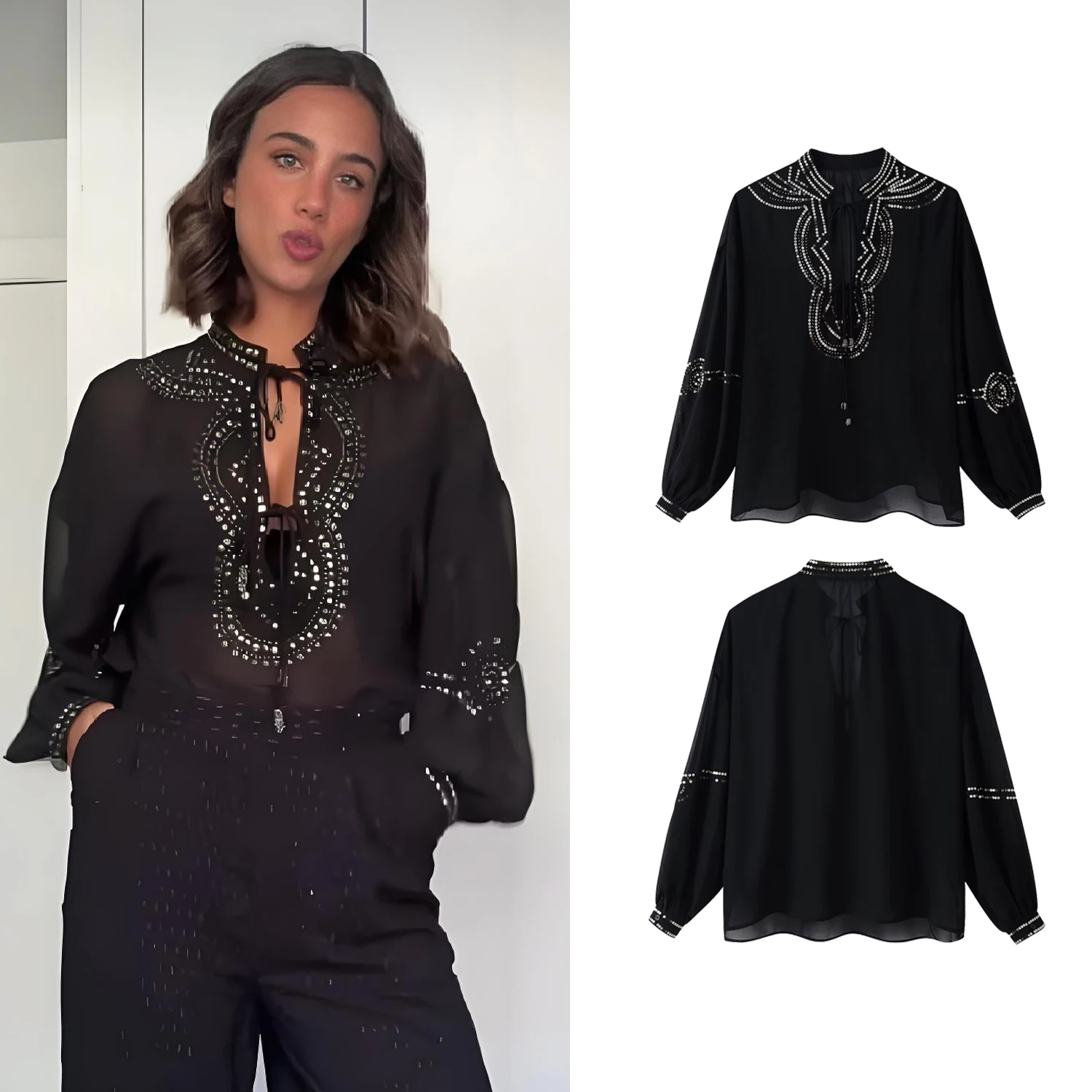 Blusa de mujer negra sexy transparente con cuentas, tops de primavera y verano, blusa de manga farol con cuello en V y cordones, camisas de malla para mujer, ropa de calle.