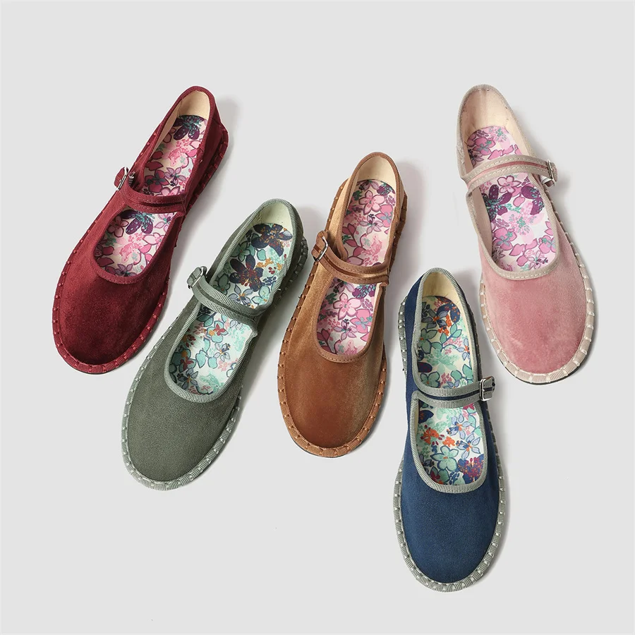 

Printed Insole Velvet Mary Janes Women Top Quality Espadrilles Pleuche Red Ballet Flats Ladies Casual Footwear Stitching Loafers