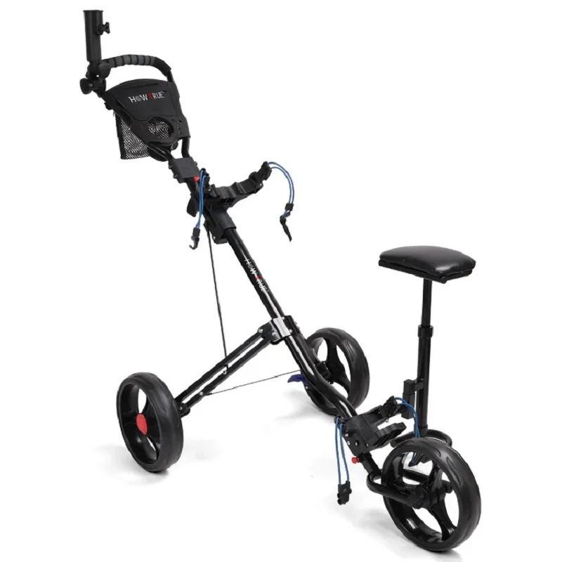 HOW TRUE Foldable Golf Push Cart 3 Wheel Golf Cart with Detachable Seat Easy Push and Pull Golf Bag Cart