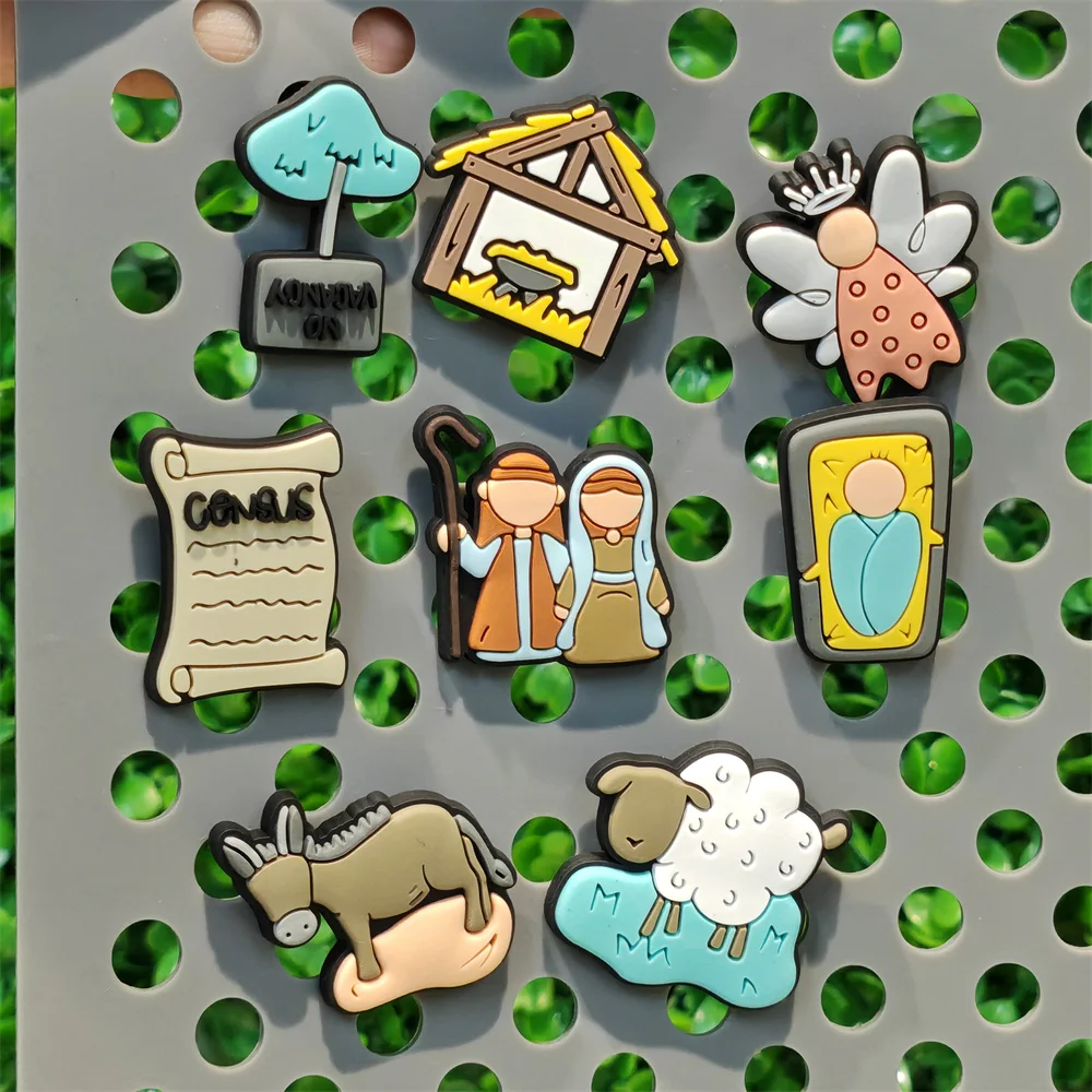 1-8 قطعة الكتاب المقدس مريم العذراء حمار الماعز الروح القدس يسوع الأحذية البلاستيكية السحر مشبك اكسسوارات الصنادل الأحذية الديكور طفل هدية عيد الميلاد