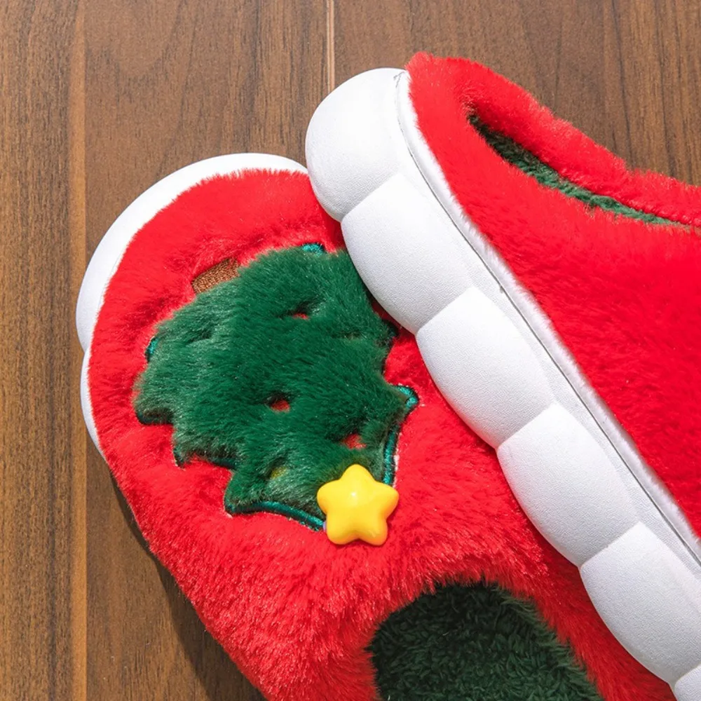 Zapatillas mullidas con diseño de árbol de Navidad populares, calzado de dibujos animados, accesorios, zapatos planos para casa, zapatillas cálidas de varios tamaños para niña