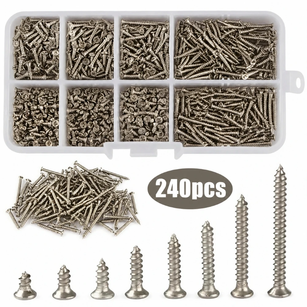 240-Piece Self-Tapping Wood Screw Set Box 8 Sizes M2 Flat Metal Screws Classification Kit for Home Improvement
