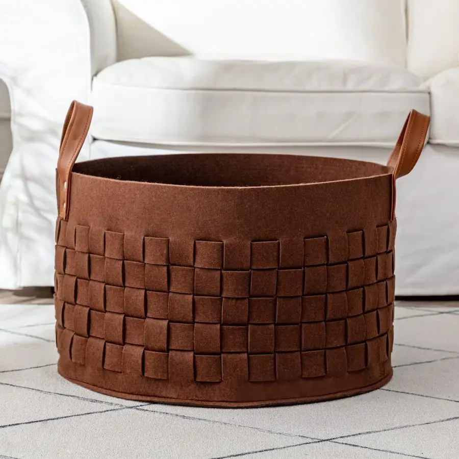 

Корзина для белья 20 x 20 x 11.8 дюймов, большая корзина для одеял из войлочной ткани с кожаной ручкой, круглая корзина для грязной одежды для малышей