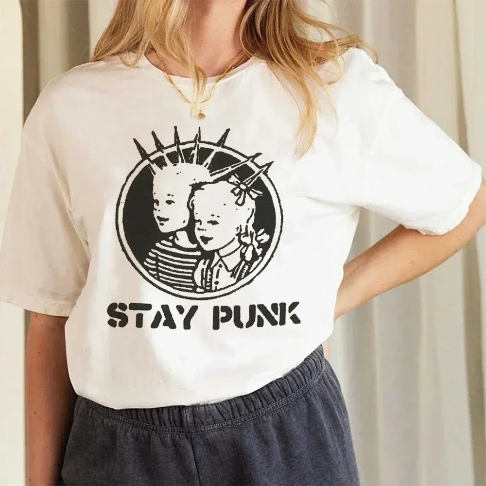 Stay Punk Retro Printed Letter T-Shirt Cartoon Pattern Summer Street Style T-Shirt Fun Casual Women's O-Neck Loose T-Shirt.