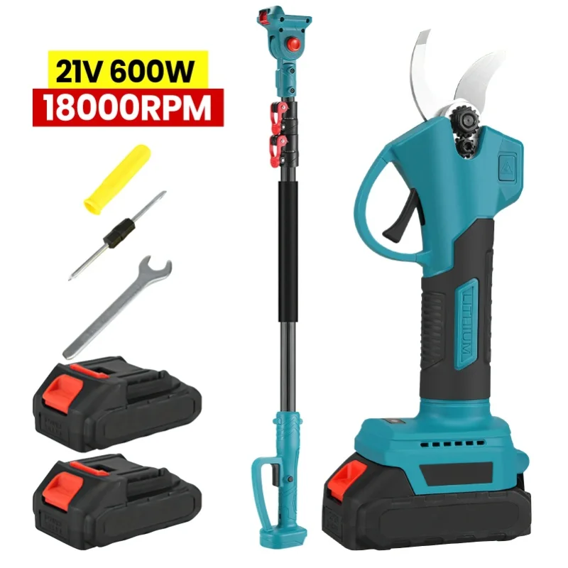 600W Elektrische Astschere mit 2m Teleskopstange, Hochastsäge, Garten-Baumschneidewerkzeug mit 2 Batterien