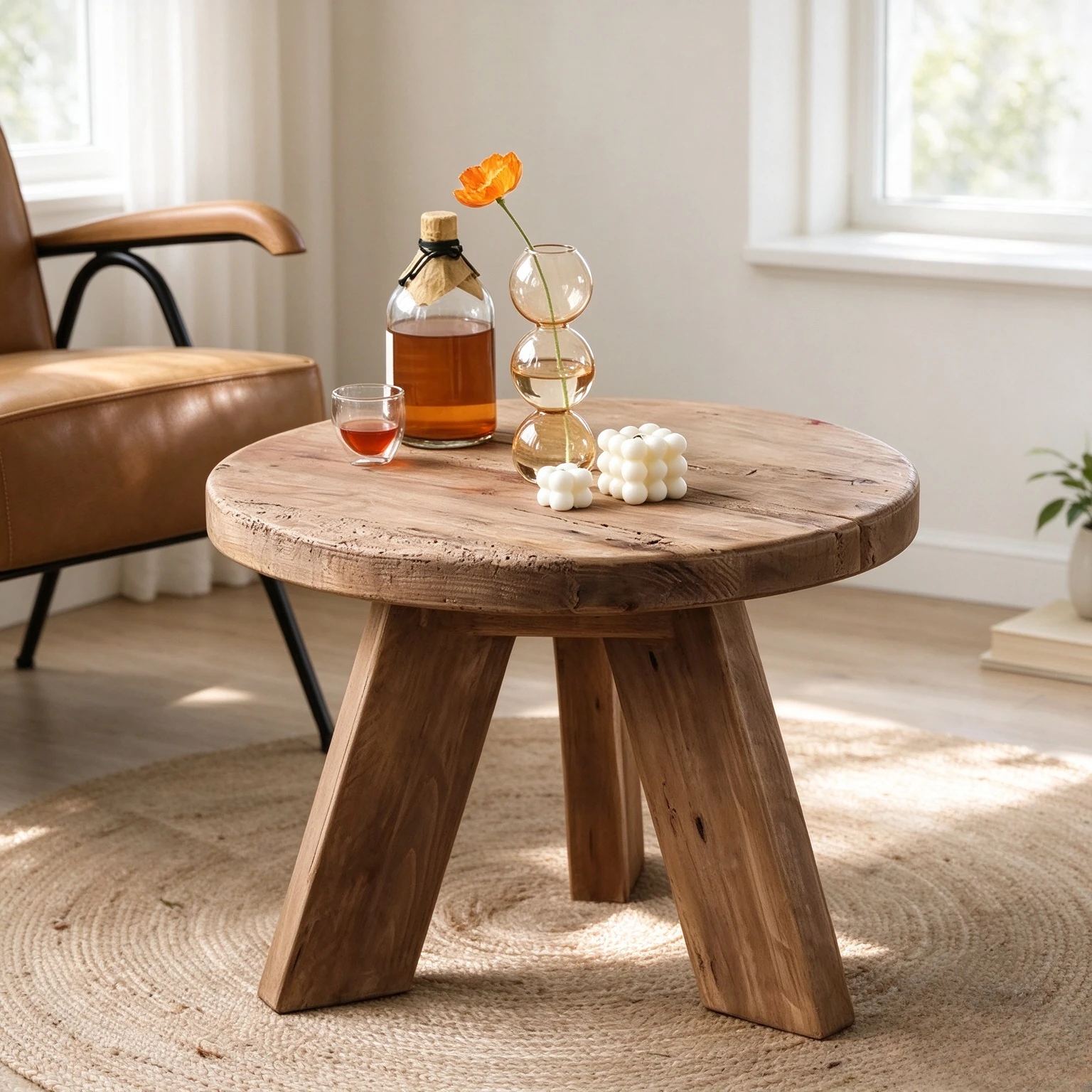 Old Pine Solid Wood Round Coffee Table, Vintage Side Table Nightstand for Balcony, Living Room and Rustic Bedroom Furniture