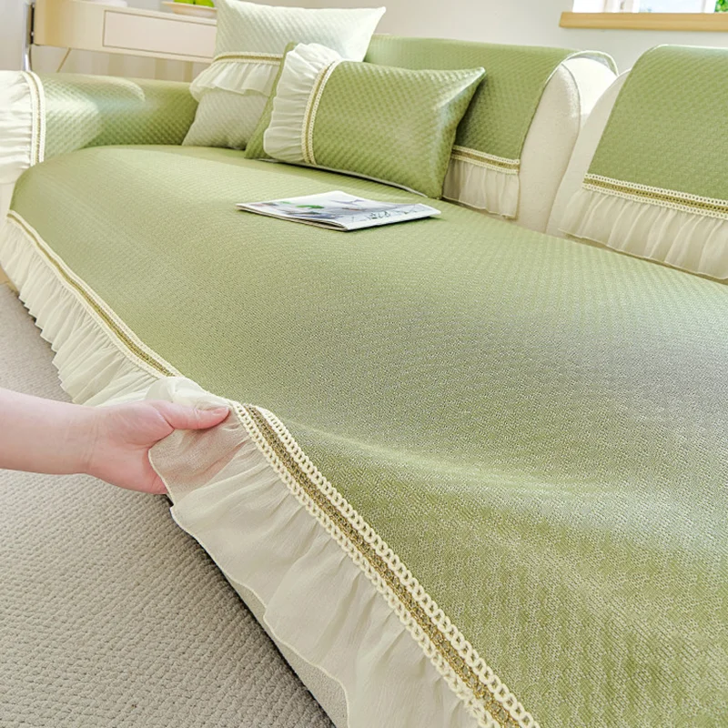 New Summer Cooling Sofa Cushion with Skirt French Soft Antiskid Corner Couch Covers Easy-Care Wear-Resistant Furniture Protector