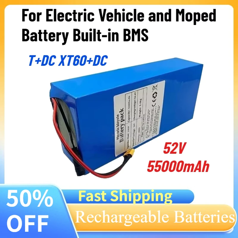 New 14S5P 52V 55Ah Lithium Battery Pack Built-in BMS T+DC XT60+DC High Magnification LiPo for Electric Vehicle and Moped Battery
