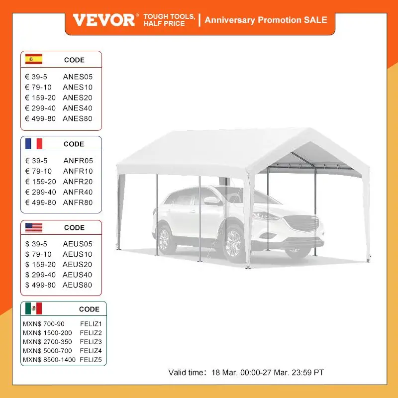 

VEVOR 10 x 20 ft Carport Car Canopy White/Yellow Heavy Duty Garage Shelter with 8 Legs Car Garage Tent for Outdoor Party Boats