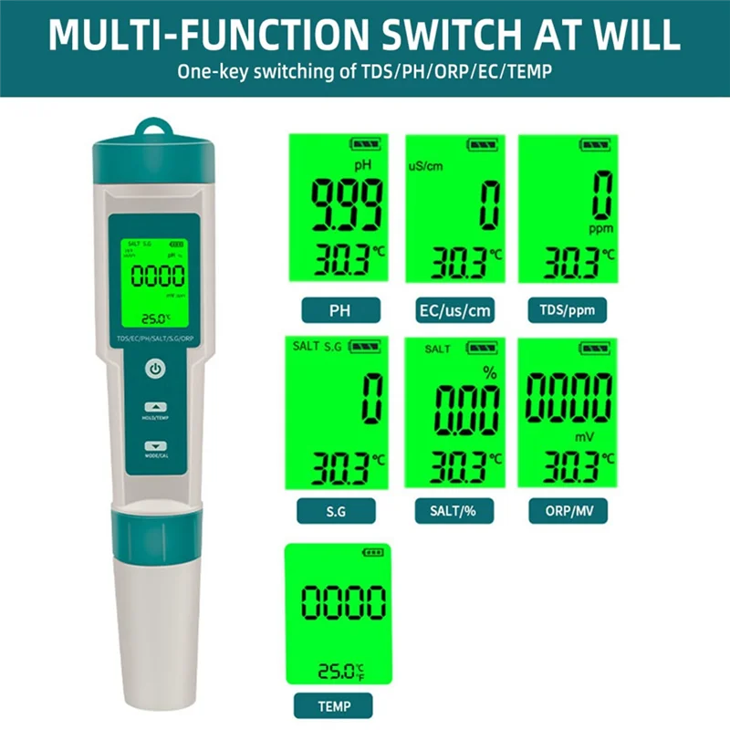 7 In1 Water Quality Tester ABS PH/ORP/EC/TEMP/SALT/S.G/TDS LCD Backlight Test Pen Multifunctional Analysis Instrument