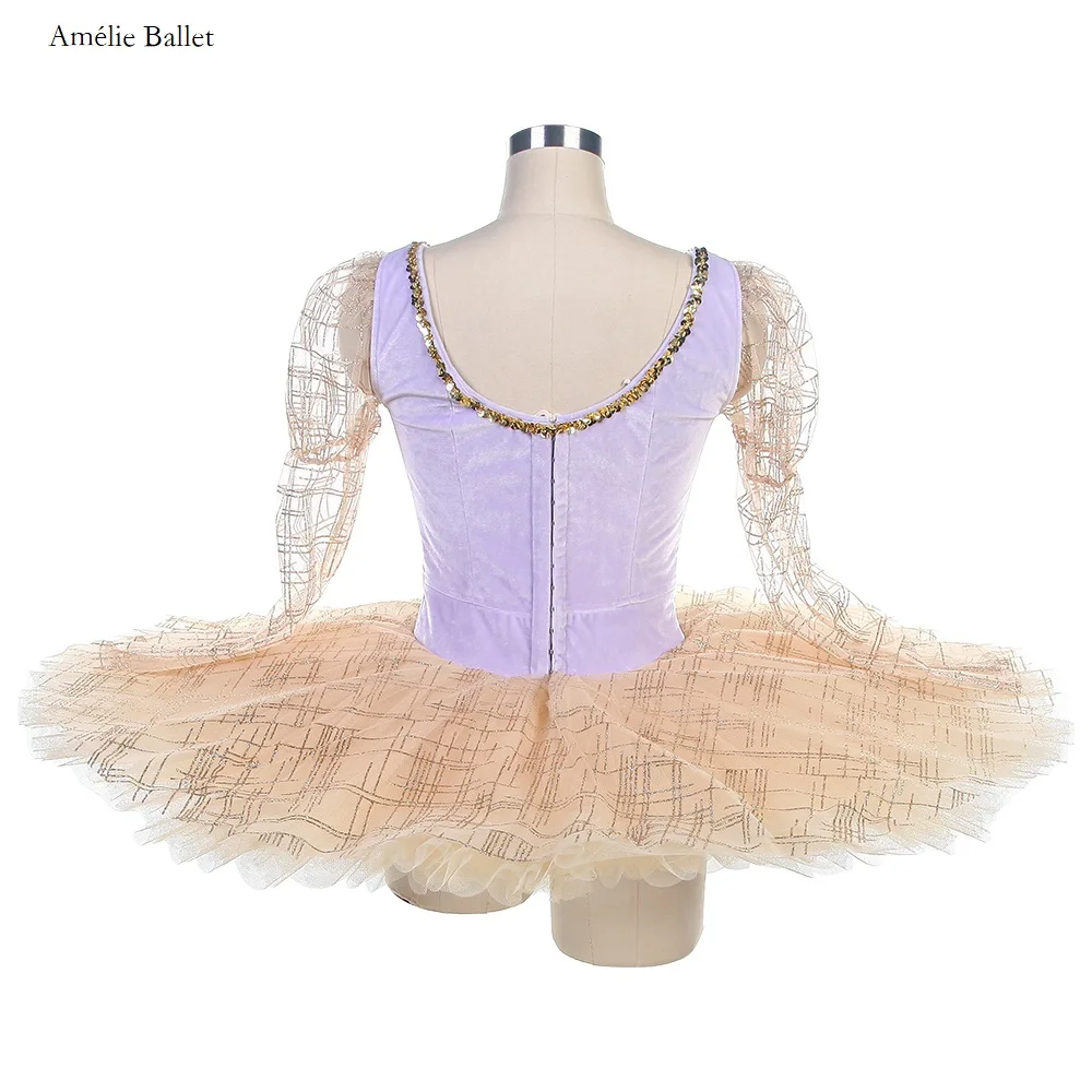 B24102 Customized Professional Ballet Dance Tutus Long Sleeves Lilac Velvet Bodice Pancake Tutu Women Girls Ballet Costumes Tutu