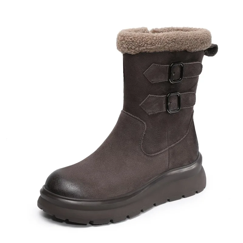 

Handmade Retro Mid Calf Snow Boots Women Winter Thick Sole Chunky Platform Wedges Zipper Genuine Leather Cotton Boots