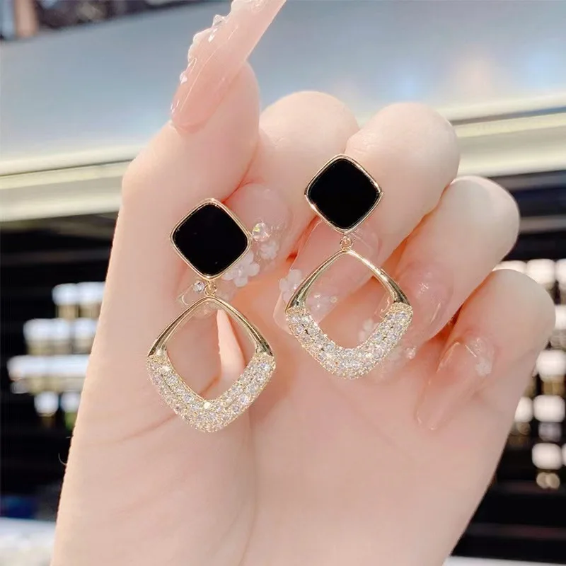 s925 silver needle minimalist geometric diamond studded earrings trendy elegant dripping oil design square drop earrings for wom