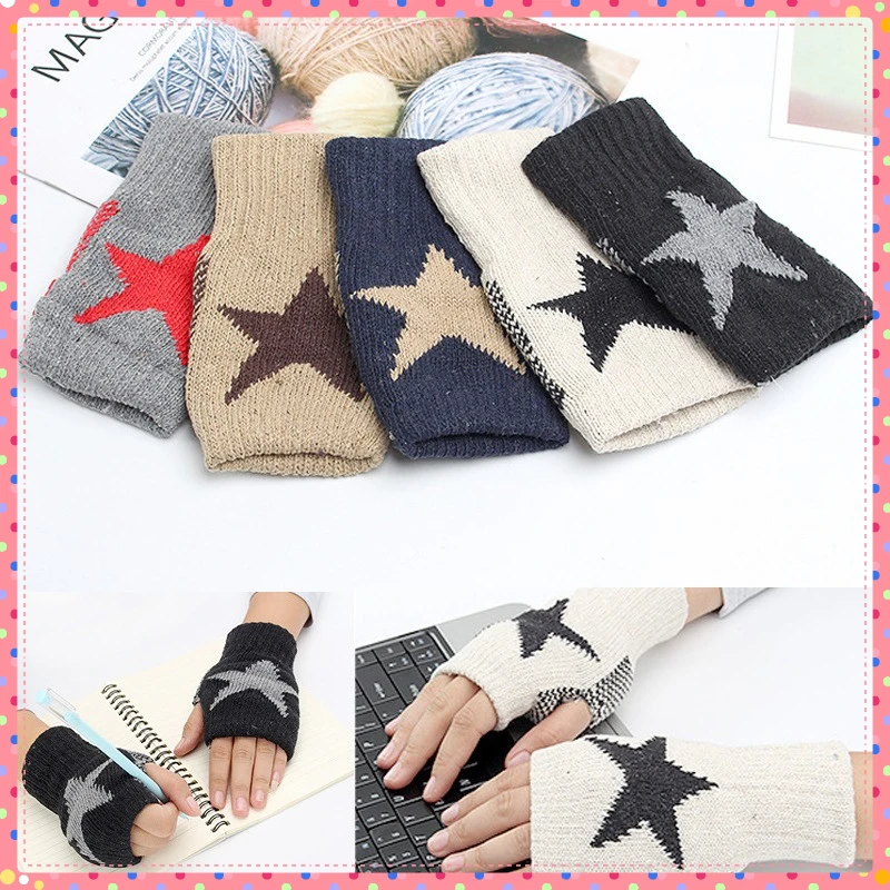 Winter Warm Acrylic Wool Five-Pointed Star Gloves Korean-Style Double-Layer Knitted Arm Warmers Multifunctional FingerlessGloves
