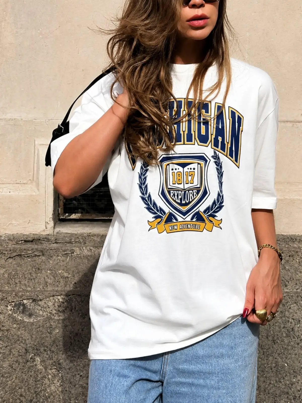 Women Loose Cotton T‑Shirt Retro Varsity College Badge Typography Graphic Print, Casual Round Neck Short Sleeve Preppy Tee Top