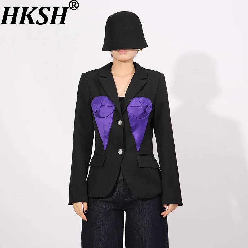 HKSH Spring Autumn New Women Blazer Elegant Long Sleeves Color Block Single Breasted Slim Fit High-End Elegant Chic Coat HK17864