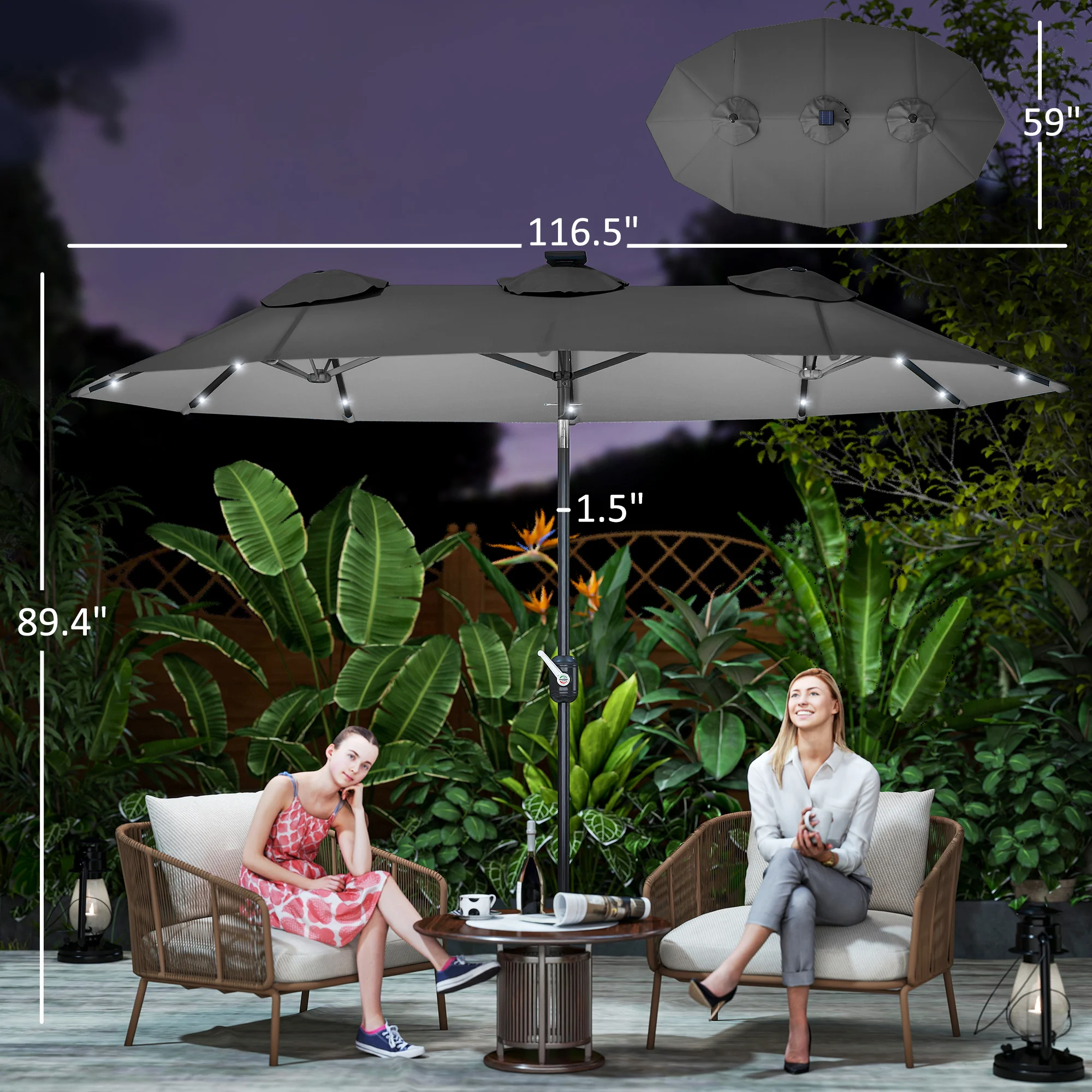 9.7' Double-sided Patio Umbrella with LED Solar Light, Tilt, Gray