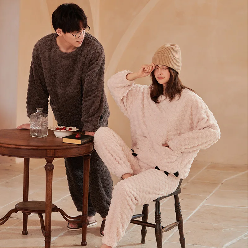 2023 New Flannel Sleepwear for Couples Thicked Warm Coral Fleece Pajamas Men and Women Matching Sweet Nightwear Winter Clothes