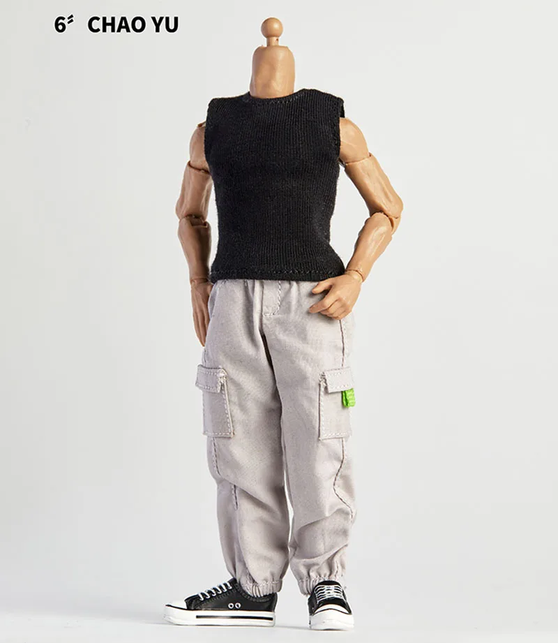 1/12 Scale Casual Fashion Male Clothes Set Grey Hoodies White Vest Overalls Cargo Pants For 6