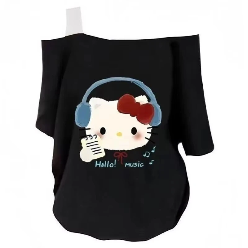 

Kawaii Hello Kitty Slim Fit Style T-Shirt Asymmetric Shoulder Sleeveless Tee Cotton Women Girls Teens Summer Sanrio New Cartoon