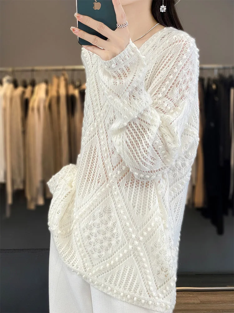 Light Luxury 100% Merino Woo Women Sweater Autumn Winter Hollow Out Knitted Pullover Long Sleeve Dot Soft Cashmere Clothing Tops