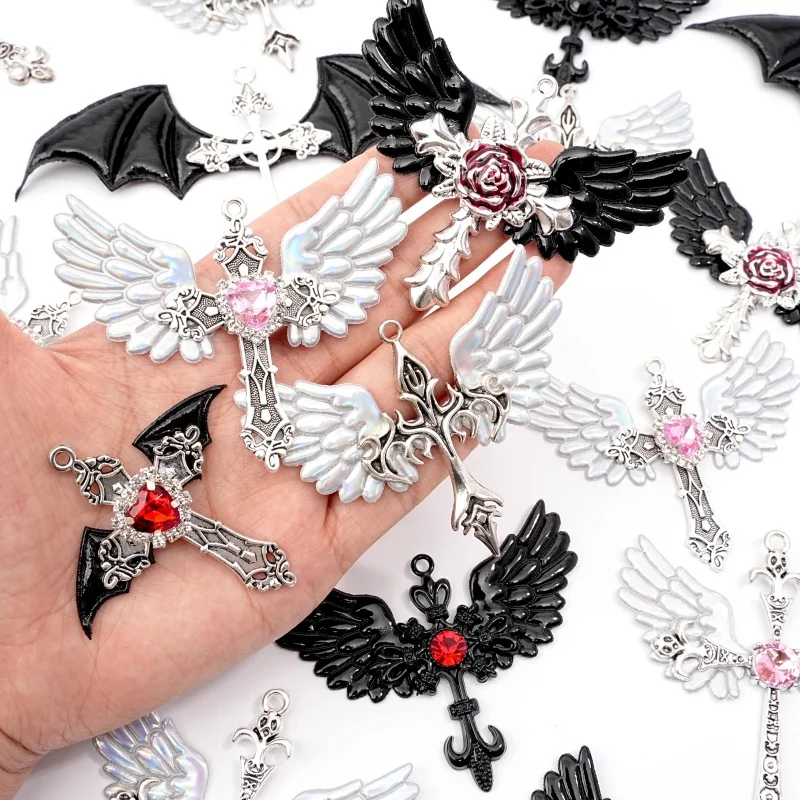 1Pc Gothic Wing Cross Pendant Mixed Style Angel Bat Wing Rose Water Diamond Cross Pendant Necklace Jewelry Making Accessories