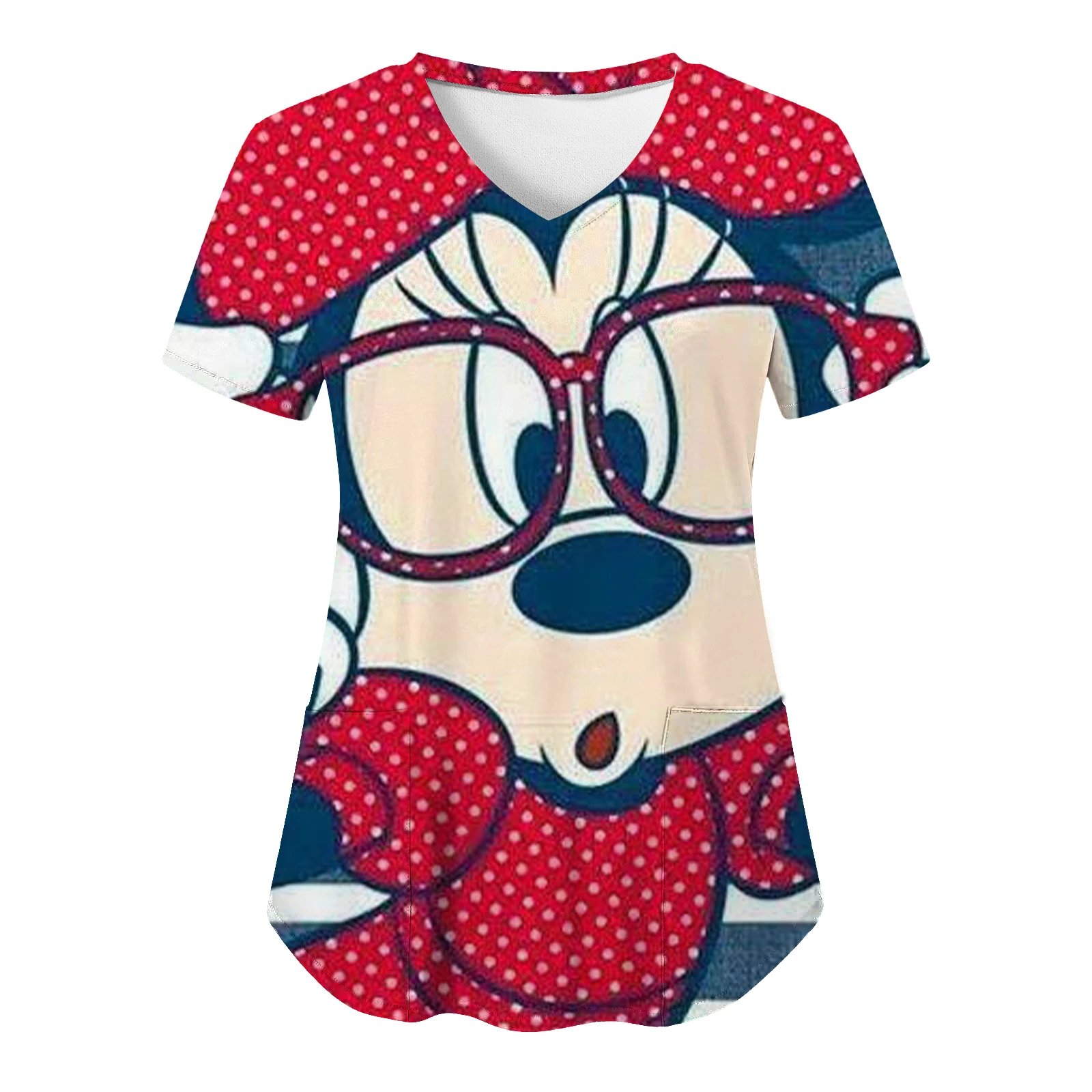 Pocket T Shirt Nurse Uniform Top Women 2024 Mickey T-shirt Hospital T-shirts Disney Minnie Mouse Woman Clothes V Neck Tops Tees