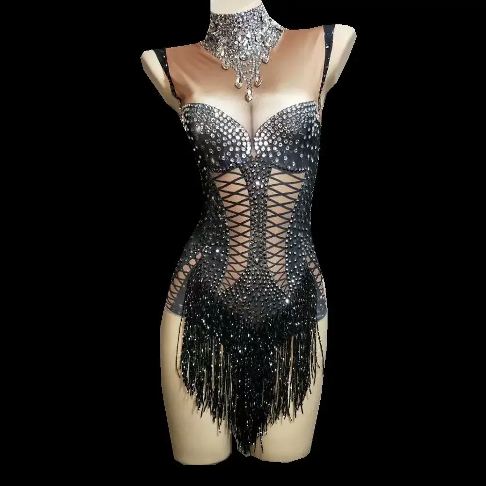 

Sparkly Crystals Black Fringes Bodysuit Women Bling Rhinestones DJ Jazz Dance Costume Stage Performance Nightclub Show Outfit