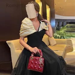 Romantic Luxury Black Champagne Satin Tulle Formal Long Evening Dresses Elegant V-Neck Party Gown Vestido Ankle Length 2023