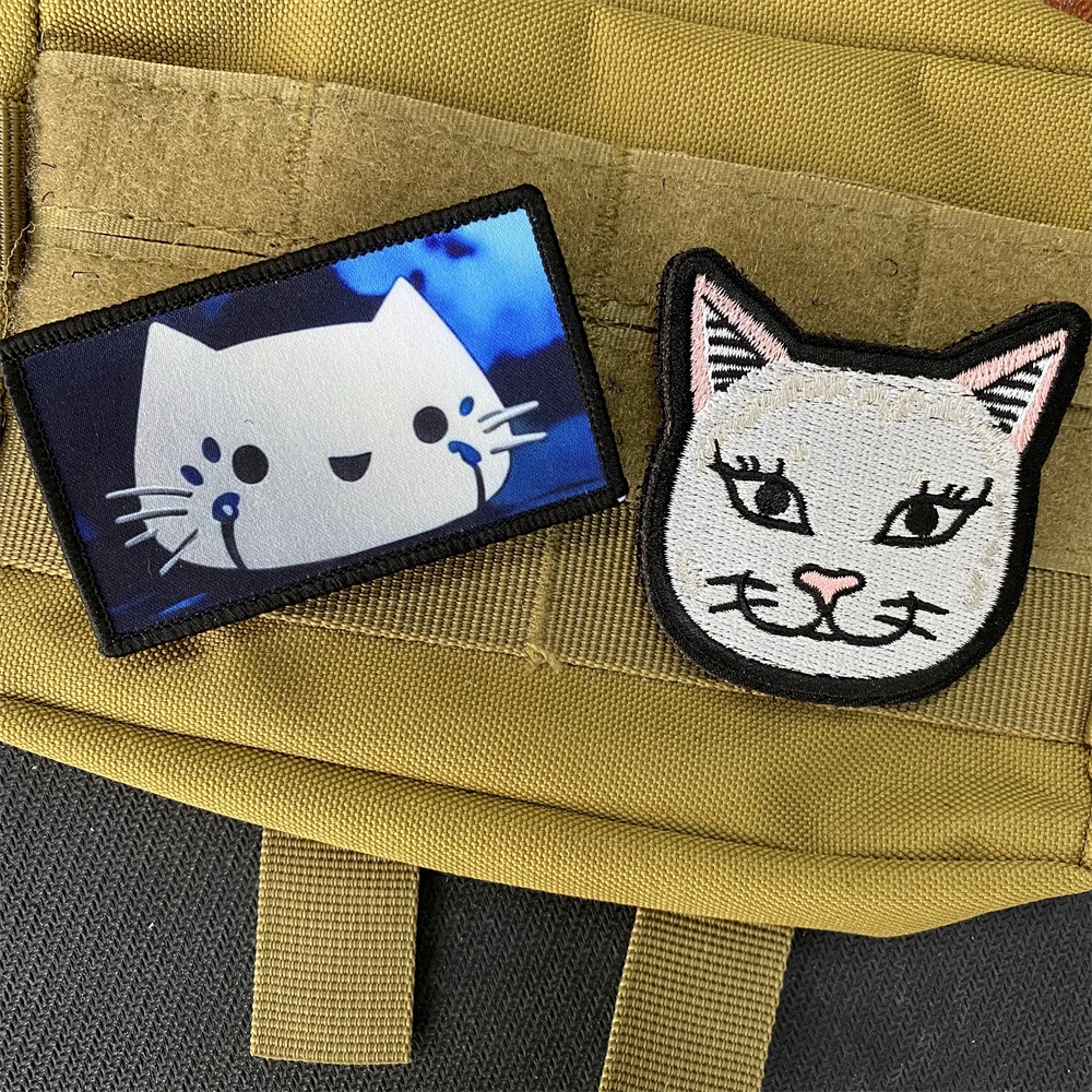 Cute Cat Embroidery Hook and Loop Patches Crying Cat Laser Tactical Backpack Sticker Morale Badge Armband Military Patch