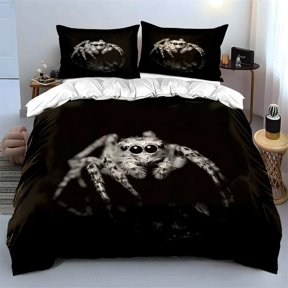 Jumping Spider Black and White Dark Style Pattern Duvet Cover Set Digital Print Colorful Polyester Bedding with Zipper Closur