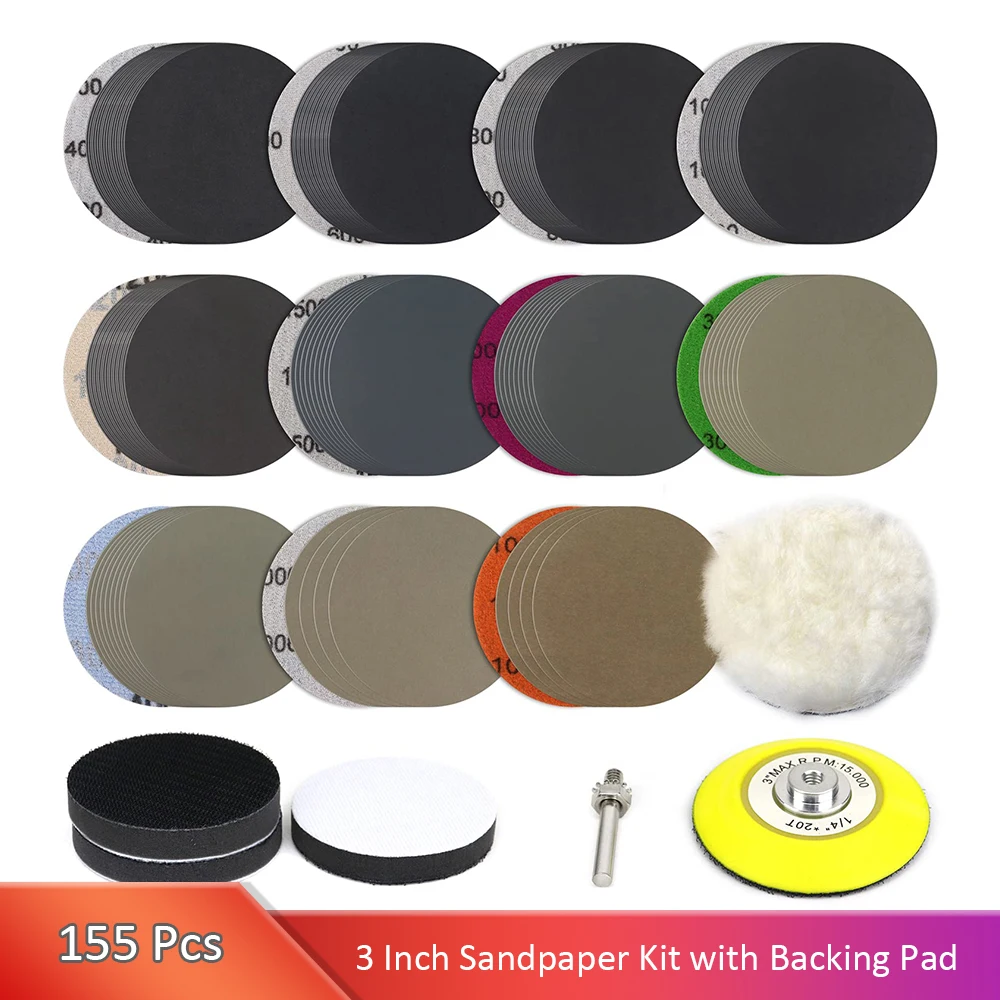 

155 шт. 3-дюймовые шлифовальные диски, липучка, ассортимент наждачной бумаги из карбида кремния для шлифовального станка, роторные инструменты, подложка