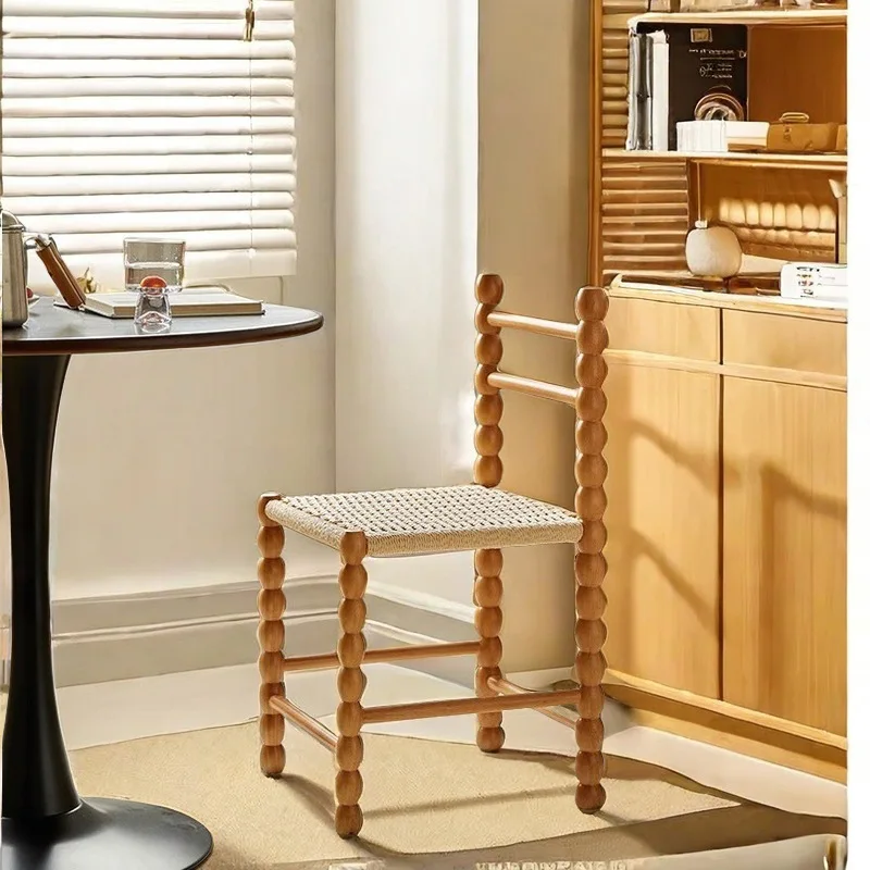Retro solid wood French homestay dining chair home leisure backrest medieval black rope braided dressing makeup desk chair