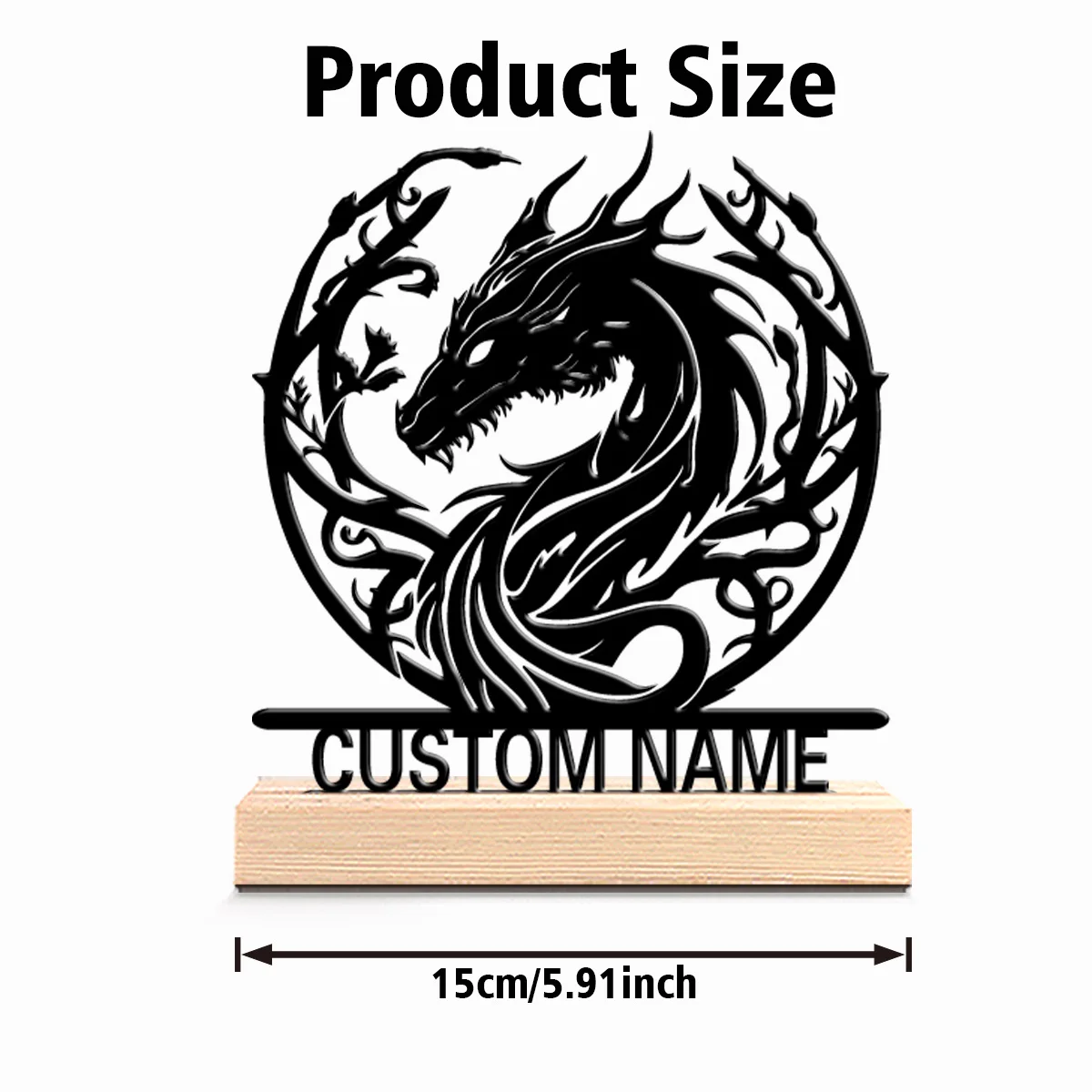 1pc Cartoon Personalized Custom Mysterious Dragon Metal Statues Nature-Inspired Wooden Base Decor for Office Living Room Zen