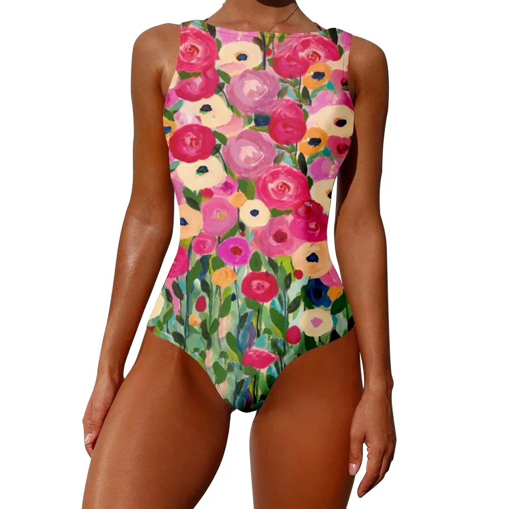 Florals Printed One-Piece Swimsuit High-waist Tummy Control Quick-Dry Fabric Removable Pads Plus Size Swimwear XXS-6XL