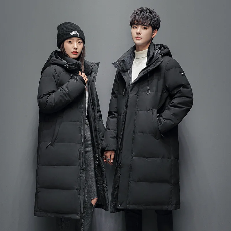 Men's Winter Jacket Youth Long Cap Knee White Duck Down Thick Fashion Couple Warm Work Coat